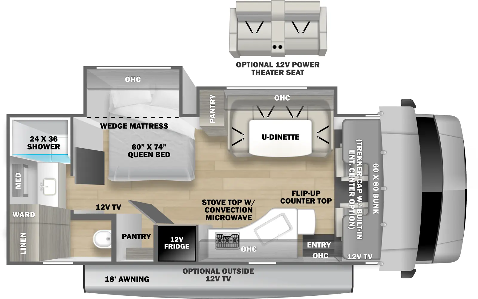 The 2441DS has 2 off-door side slide outs and 1 entry door (excluding the front cab doors). Exterior features include an 18 ft. awning and optional outside 12V TV. Interior layout from front to back includes a front 60 x 80 over the cab bunk with 12V TV (optional Trekker cap includes a built-in entertainment center with no bunk); off-door side slide out holding a pantry and U-dinette with optional 12V power theater seat; door side kitchen with a 12v refrigerator, stovetop with convection microwave, overhead cabinet, angled sink and flip up countertop extension; off-door side slide out with 60 x 74 wedge mattress Queen bed; pantry across from bed; rear bathroom with 24 x 36 shower, medicine cabinet, sink, toilet, wardrobe and linen storage.